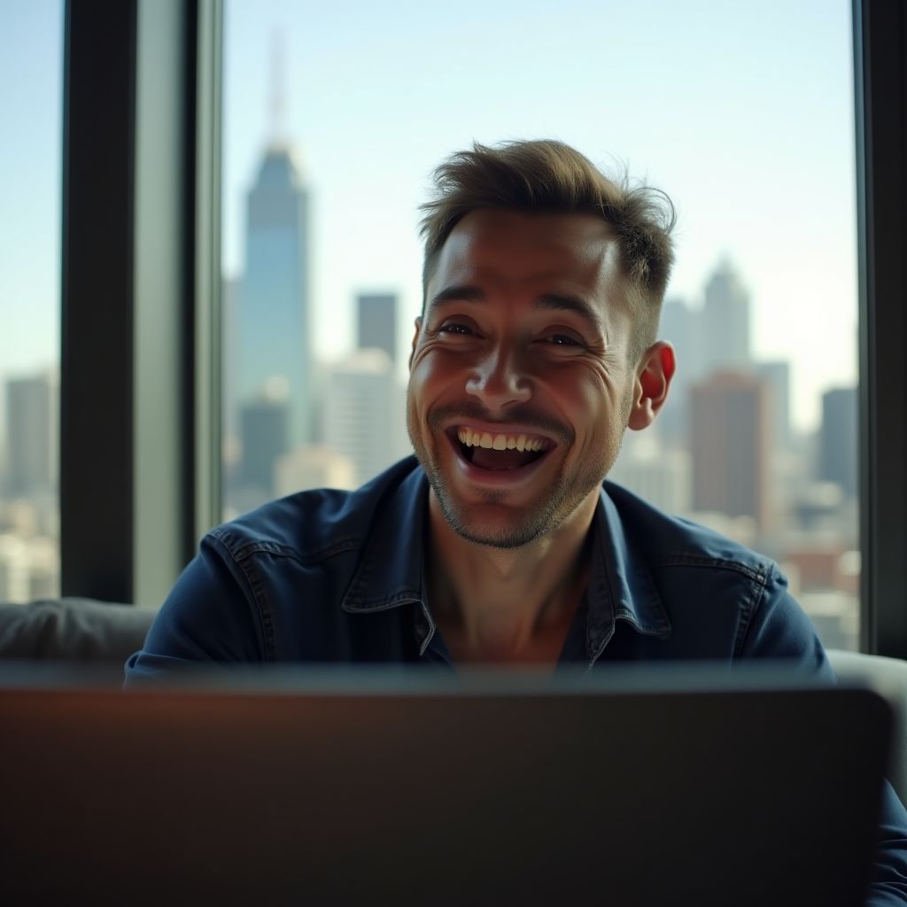 A person celebrating a win on their laptop in Melbourne